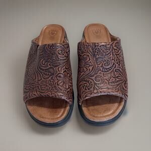 Ariat Sandals Womens 7B Brown Leather Slides Bridgeport Floral Tooled 95261